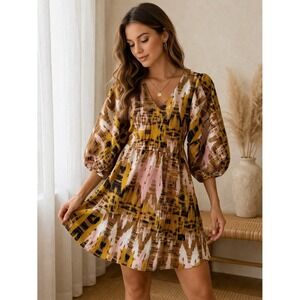 Ophelia‎ Roe Dress Size S Boho Babydoll Mini Puff Sleeve Festival Southwestern